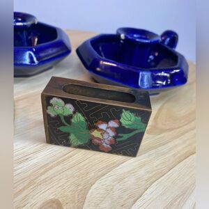 Vintage Brass Cloisonné Match Holder & Candle Holders Colbolt Blue Taper Candle
